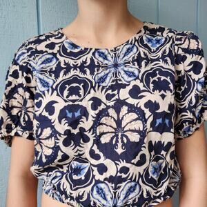 Rachel Zoe Linen Crop Top Short Sleeve Floral Cropped Easter Blouse Floral Blue
